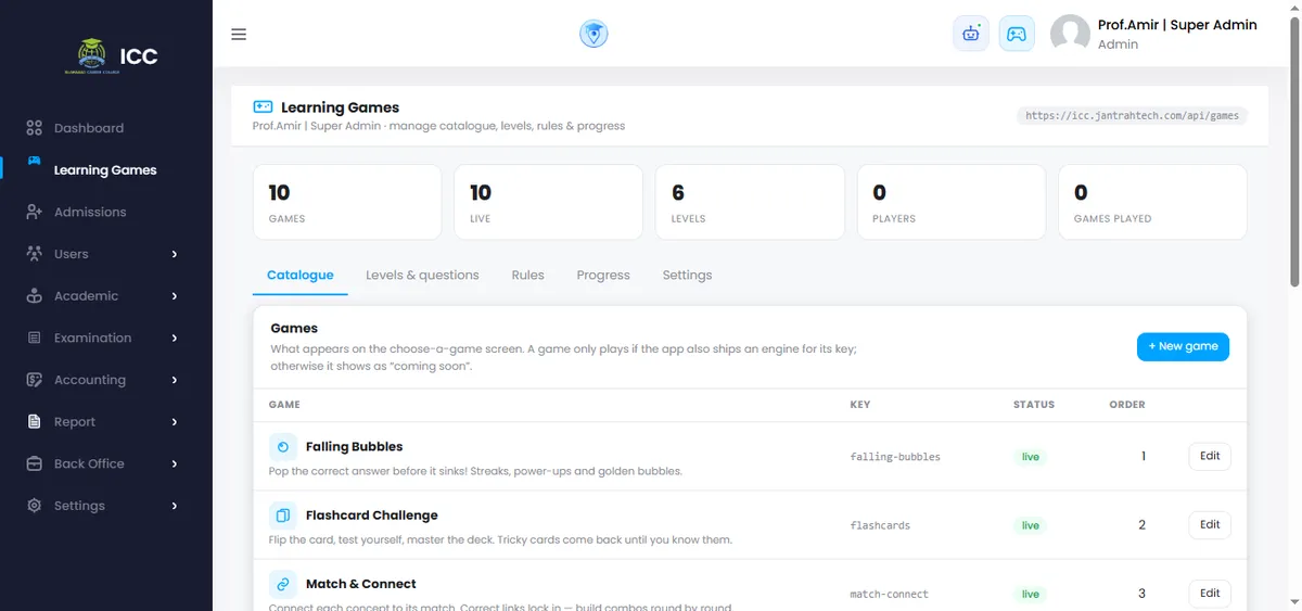 AI learning games module in the Jantrah Tech school management software with a catalogue of interactive games