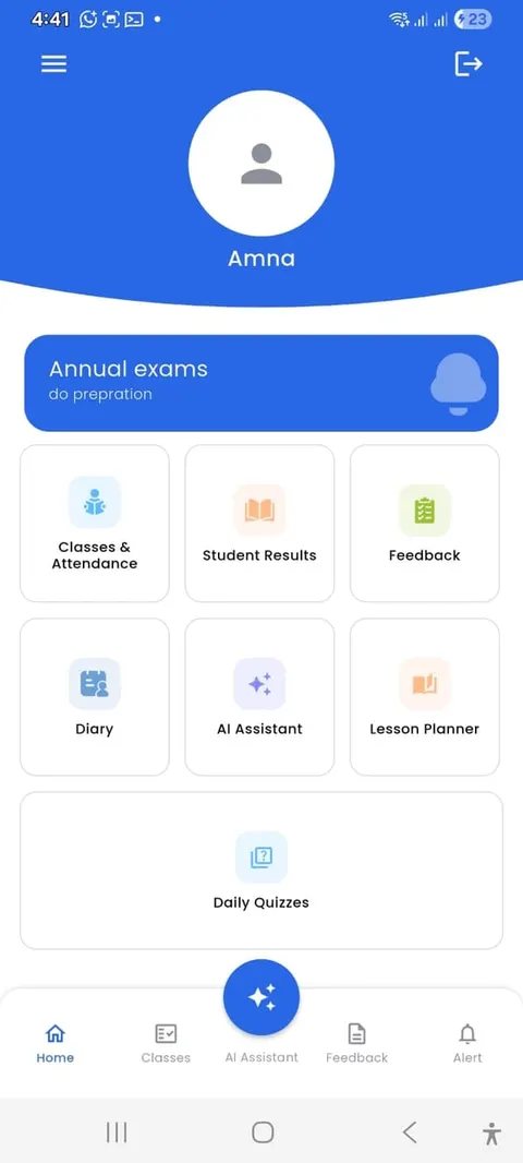 Home screen of the Jantrah Tech school management teacher app with classes and attendance, student results, feedback, diary, AI assistant, lesson planner and daily quizzes