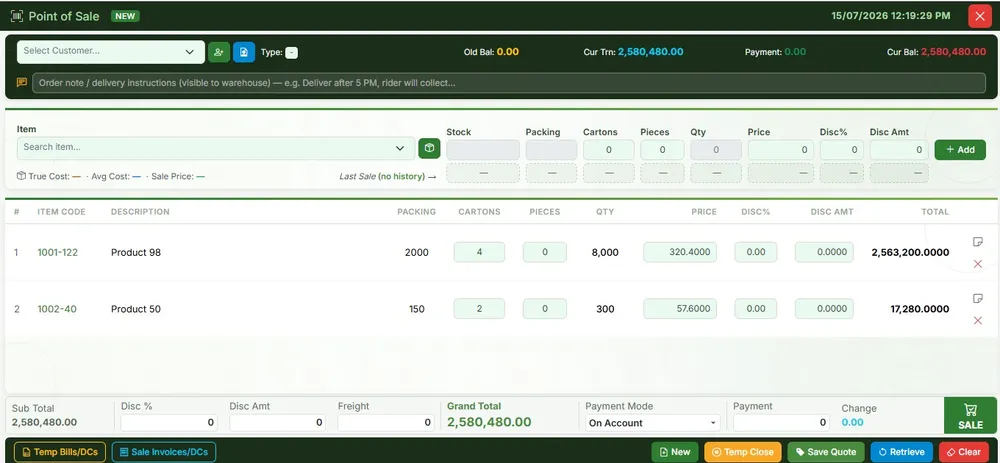 Wholesale ERP point of sale screen with carton and piece quantities, customer pricing, freight and discounts