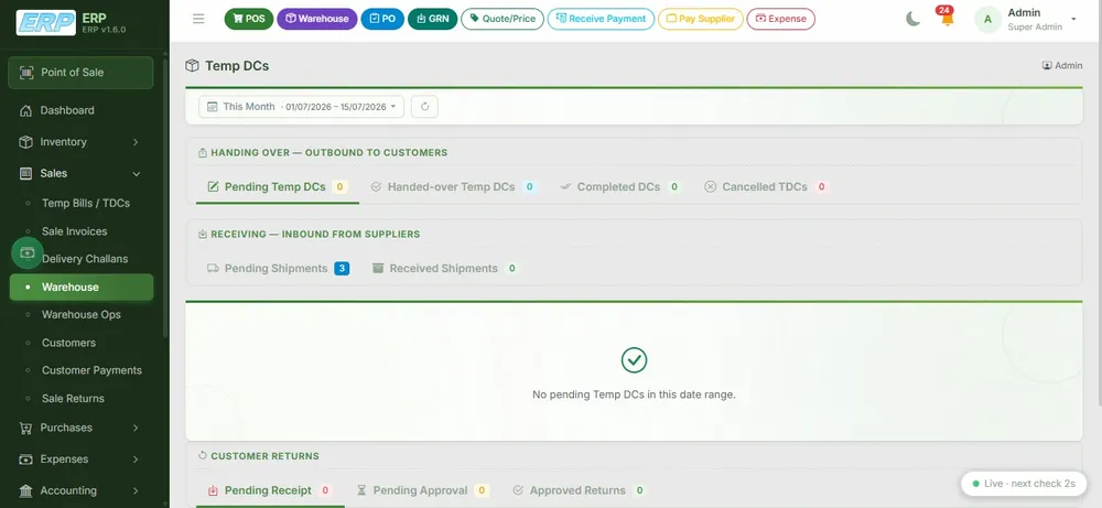 Warehouse module showing temporary delivery challans, outbound customer handovers, inbound supplier shipments and returns